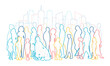 Diverse people, modern city population. Urban lifestyle. Different human silhouettes. Men, women, kids, seniors group. Crowd, community, society concept. Color line drawn vector cityscape illustration