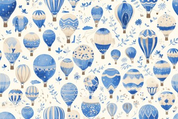 Wall Mural - watercolor pattern of hot air balloons in the sky, blue and grey colors 