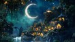 © Preyanuch - A crescent moon hovering over a fairy village, providing gentle light as fairies go about their evening
