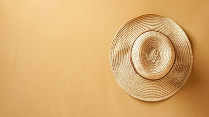 Wall Mural - Straw hat on beige background, top view, with shadow casting to left