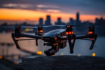 Poster - Aerial view of cityscape with drone flying at twilight, Drone hovering over urban skyline during dusk.