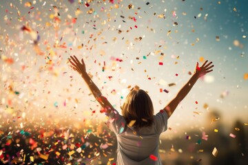 Leinwandbilder - Colorful confetti shower on blue backdrop, Vibrant confetti dance on a serene blue surface.