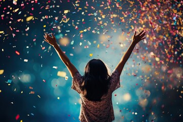 Leinwandbilder - Colorful confetti shower on blue backdrop, Vibrant confetti dance on a serene blue surface.
