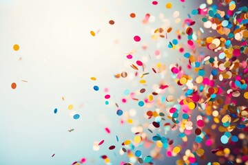 Leinwandbilder - Colorful confetti shower on blue backdrop, Vibrant confetti dance on a serene blue surface.