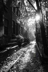 Canvas Print - A black and white photo of a brick road with leaves on it, AI