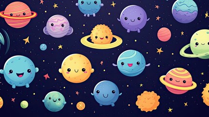 Poster - Pattern featuring colorful planets and stars on a dark background, perfect for space enthusiasts.