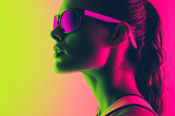 athletic stylishsportswear woman in sunglasses with vivid neon backlight for fashion and lifestyle sport