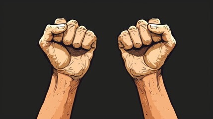 Cartoon style two hands with fingers bent raised forming a relaxed fist gesture set against a black background