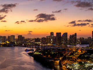 Wall Mural - Miami has amazing sunsets. Aerial drone photo Downtown cityscape