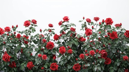 Wall Mural - A stunning bush of fresh red roses stands out against a pristine white background creating a natural and vibrant display of beauty