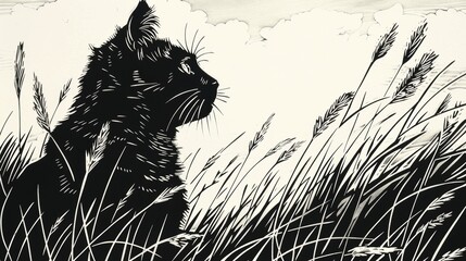 Wall Mural - A black and white drawing of a cat in tall grass, AI