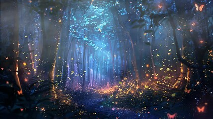 very beautiful forest view at night full of butterflies. seamless looping time-lapse virtual 4k vide