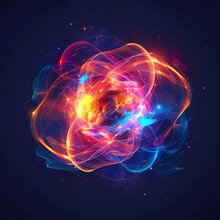 Abstract Vector Concept Of Quantum Chemistry, Illustrating Subatomic Particles In A Colorful, Dynamic Interaction, Visually Striking