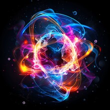 Abstract Vector Concept Of Quantum Chemistry, Illustrating Subatomic Particles In A Colorful, Dynamic Interaction, Visually Striking
