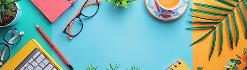 Mockup flat design top view tech startup theme cartoon drawing colored pastel