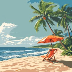 Wall Mural - Travel and beach vector illustration - summer vacation and tropical island sea adventure