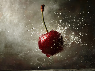 Wall Mural - cherry splashing in water with dynamic droplets on dark background