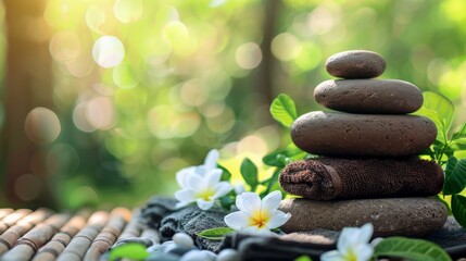 Poster - A stack of stones with a flower and bamboo leaves, AI