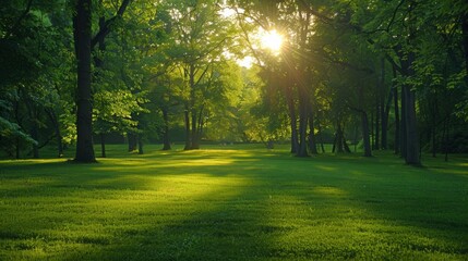 Sticker - A grassy field with trees and sun shining through, AI