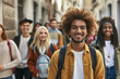 © Enigma - Smiling young man with an afro hairstyle leads a diverse group of happy friends walking in an urban environment, depicting friendship, diversity, and the joy of togetherness