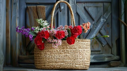 Wall Mural - Gorgeous straw bag adorned with carnation and hyacinth blossoms in season.