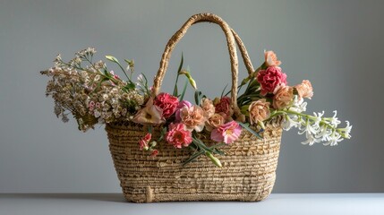 Wall Mural - Gorgeous straw bag adorned with carnation and hyacinth blossoms in season.