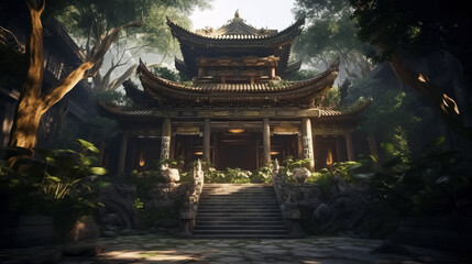 Wall Mural - Old Asian temple in jungle, ancient oriental architecture