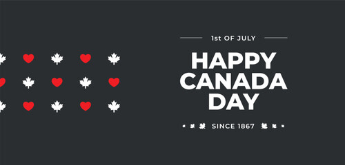 Happy Canada day, 1st of July, horizontal banner, social media post. Simple minimal design, trendy minimalistic style. Black background. Canada symbol maple leaf. Card, holiday banner flyer poster