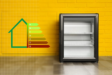 Wall Mural - Energy efficiency rating label and refrigerator indoors