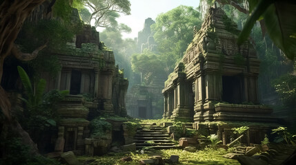 Wall Mural - Old oriental temple ruins in jungle, ancient architecture, Surreal mystical fantasy artwork