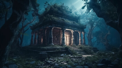 Wall Mural - Temple in fantasy forest at night, old ruins and magic light, Surreal mystical fantasy artwork