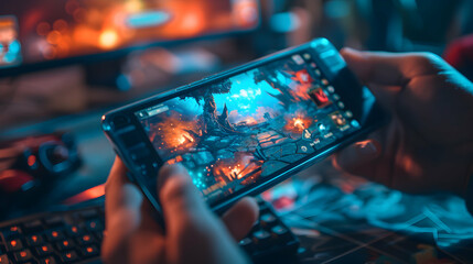 Developers working on engaging mobile game app concept with photo realistic graphics and user friendly interfaces for seamless gameplay experience in Photo Stock Concept.