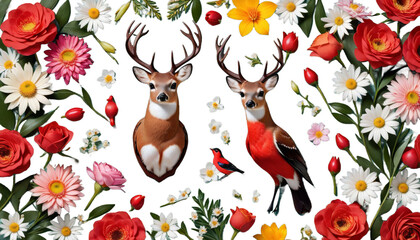 red bird breasted deer flowers cervid animal wildlife mammal stag reindeer nature antler buck elk isolated christmas wild white hunting silhouette head horn brown cartoon fauna forest winter chick