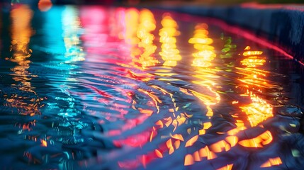 Wall Mural - Multicolored light trails reflected on a water surface.
