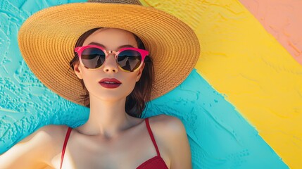 Wall Mural - Traveling on vacation, a fun-loving, colorful beach woman with a beach hat and sunglasses enjoys the summertime activities.