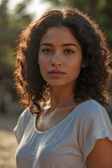 young latin woman curly black hair brown eyes enjoying walk park forest golden hour