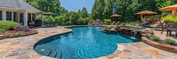 backyard swimming pool, summer, colorful flowers 