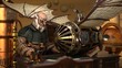 An aged wizard crafts magic in his steampunk workshop, surrounded by fantastical flying apparatus, background for music, 3d render