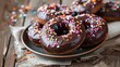Chocolate Donuts on a plate on wooden background