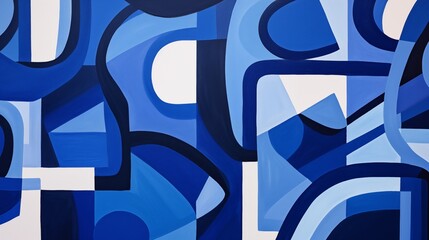 Wall Mural - A dynamic display of interlocking geometric shapes and patterns in blue and white.