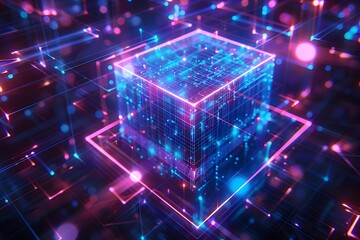 Wall Mural - A cube is lit up in a neon color. The cube is surrounded by a network of lines and dots. Concept of technology and futuristic design