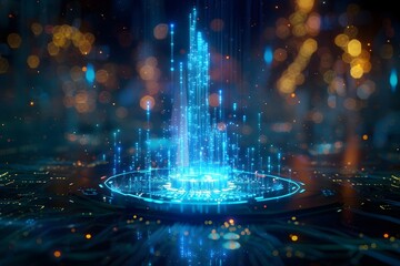 Wall Mural - A blue glowing object with a lot of lights surrounding it. The lights are scattered all over the image, creating a sense of movement and energy