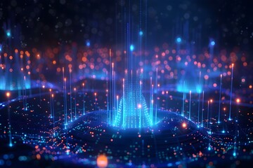 Wall Mural - A blue and orange cityscape with many lights. The lights are scattered all over the city, creating a sense of depth and movement. The colors of the lights are bright and vibrant