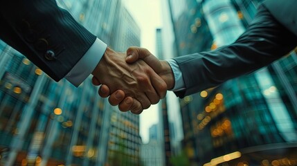 Professional Handshake of Businessmen in Suits with Laptops and Plans on Table - Collaboration in Workplace