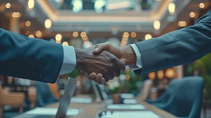 Professional Handshake of Businessmen in Suits with Laptops and Plans on Table - Collaboration in Workplace