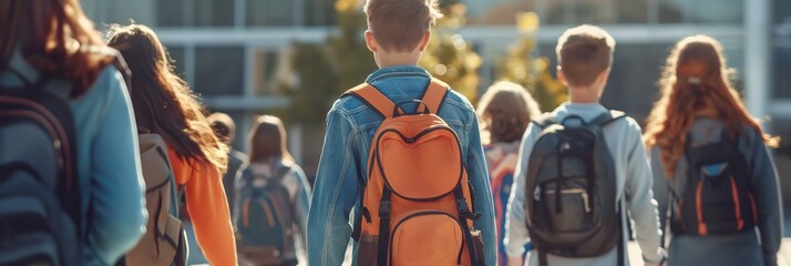 Sticker - A group of students with backpacks seen from behind walking together, possibly going to school or college