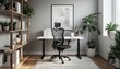 Modern home office: white desk, black chair, wood shelves. Clean workspace, professional aura. Grey walls, minimalist art foster focus. Photorealistic 3D rendering showcases contemporary design. 🖥️🪑