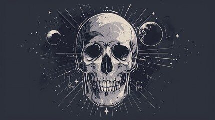 Wall Mural - A skull with a starry background. The skull is in the center of the image, with two moons on either side. The skull is emitting light rays.