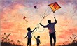© Carlos - Greeting card design for Father's Day wishes and celebration, watercolor illustration of father and son flying a kite. Generative AI