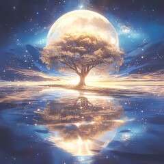 Wall Mural - Surreal 3d landscapes. Romantic moonlit seascapes. 